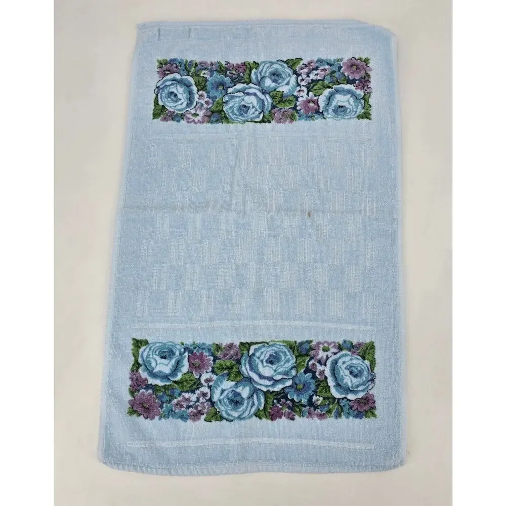 Vintage Lady Pepperell Blue Floral Towel Set 3pc Bath Plush Cotton Cottagecore